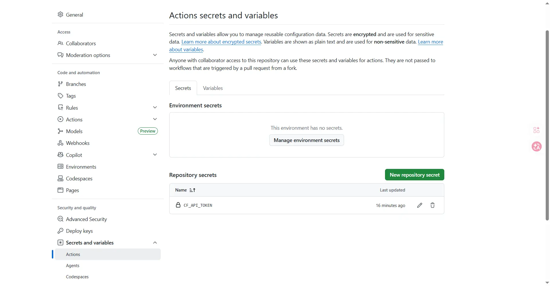 Repository secrets